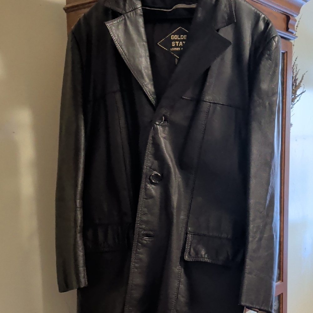Golden State Black Leather Trench Coat for Men